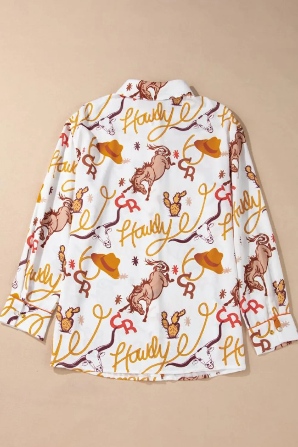 Sale Dear-Lover howdy Western Patterns Button up Loose Shirt Beige