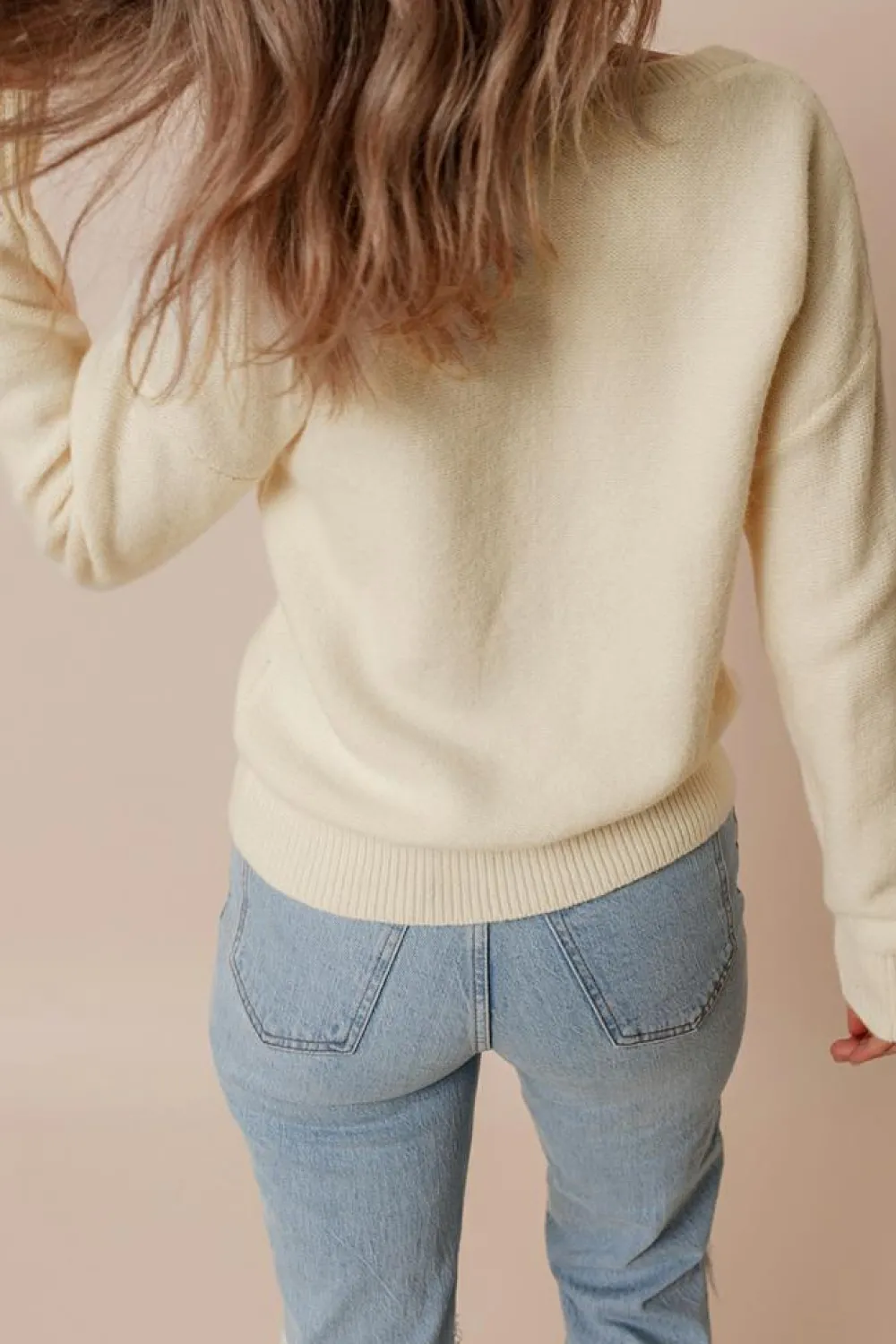 New Dear-Lover Knitted Flower Pattern Ribbed Edge Sweater Beige