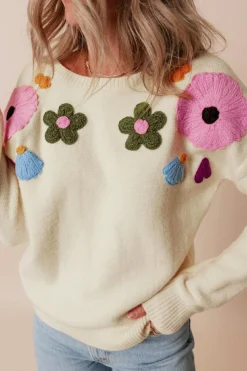 New Dear-Lover Knitted Flower Pattern Ribbed Edge Sweater Beige