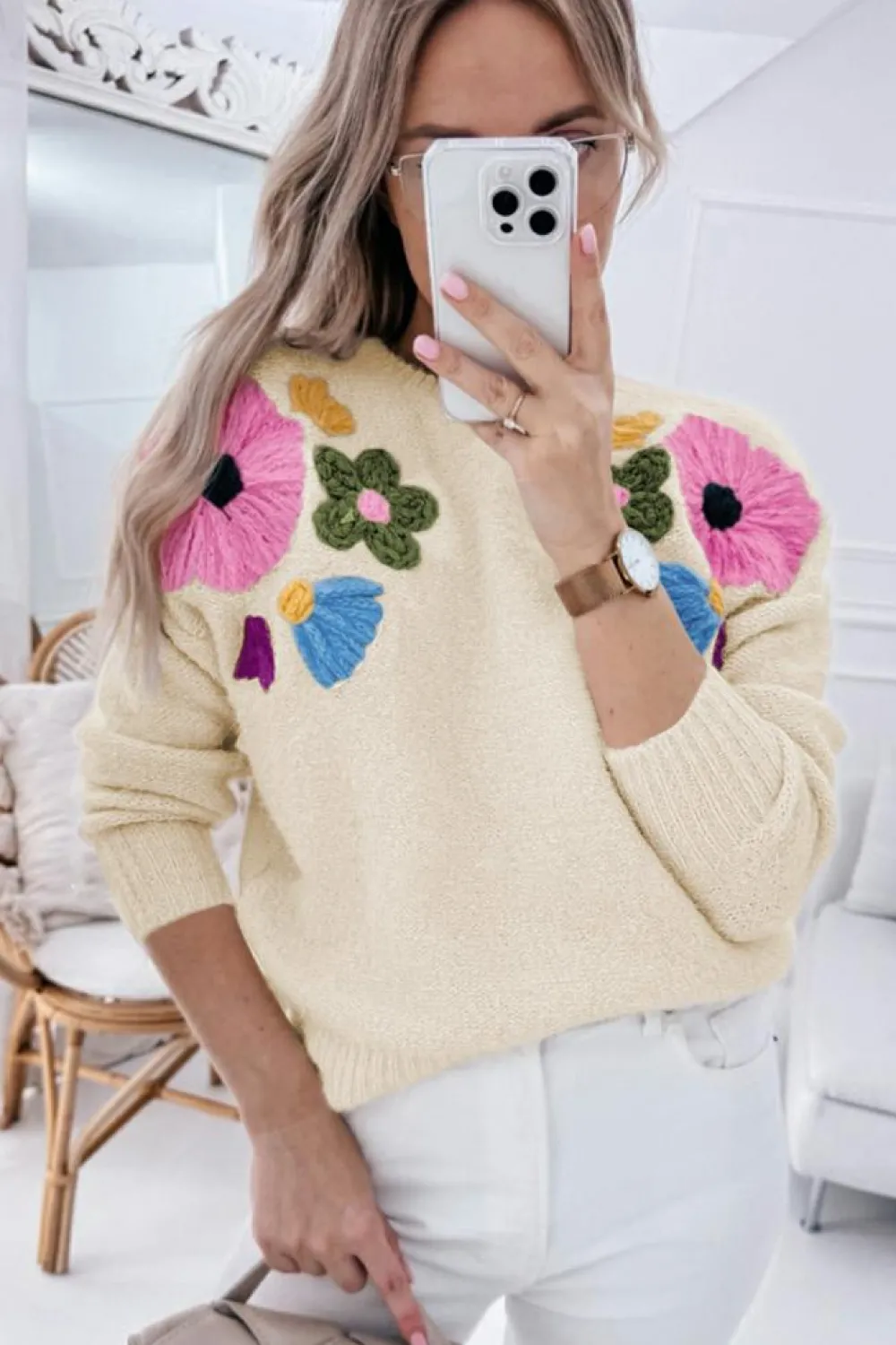 New Dear-Lover Knitted Flower Pattern Ribbed Edge Sweater Beige
