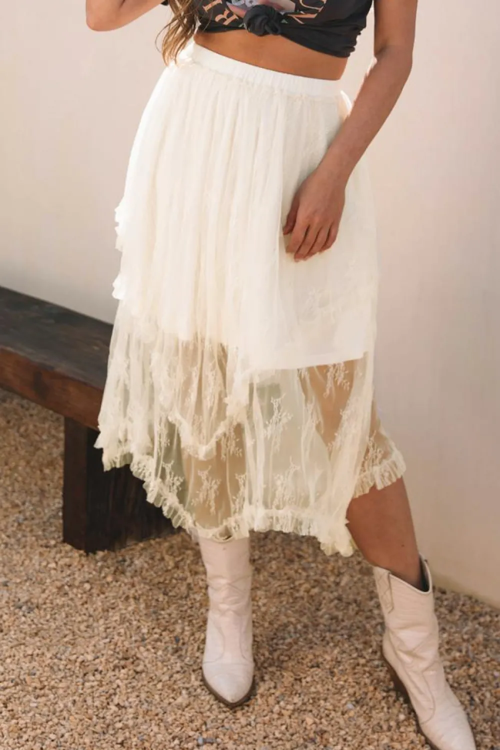 Hot Dear-Lover Lace Cascading Tiered High Waist Maxi Skirt Beige
