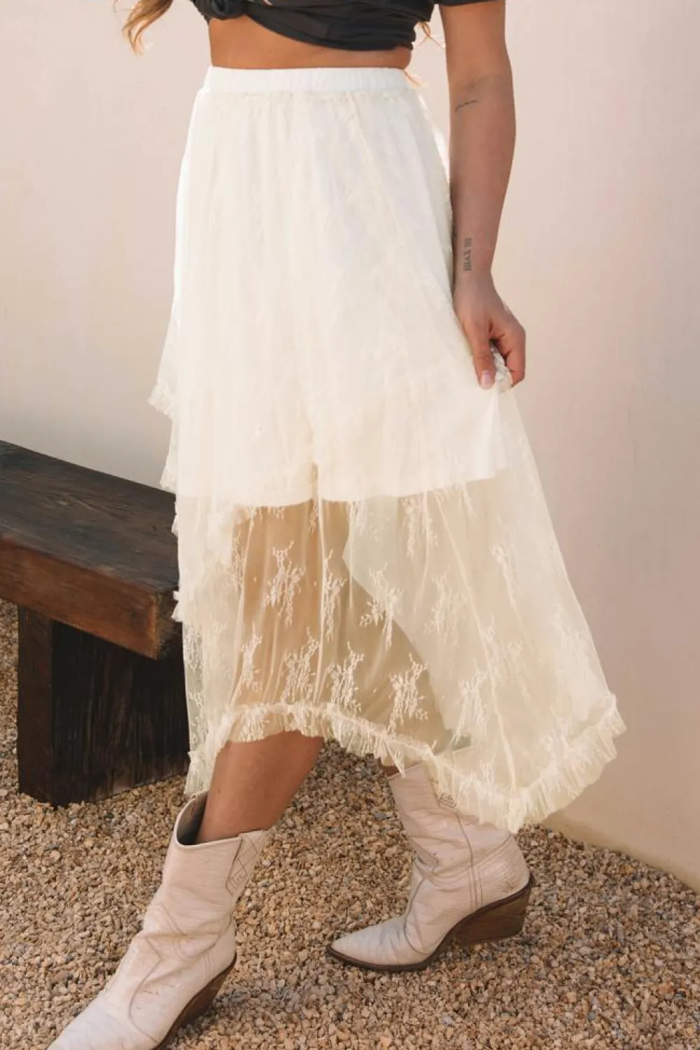 Hot Dear-Lover Lace Cascading Tiered High Waist Maxi Skirt Beige