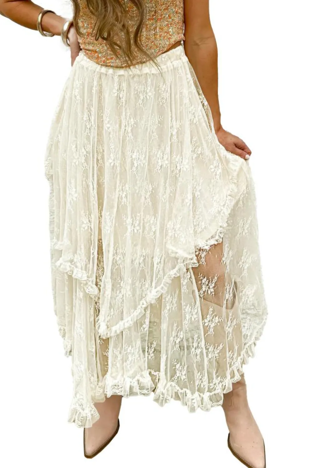 Hot Dear-Lover Lace Cascading Tiered High Waist Maxi Skirt Beige