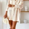 Clearance Dear-Lover Lace Crochet Collared Tunic Oversized Shirt Beige