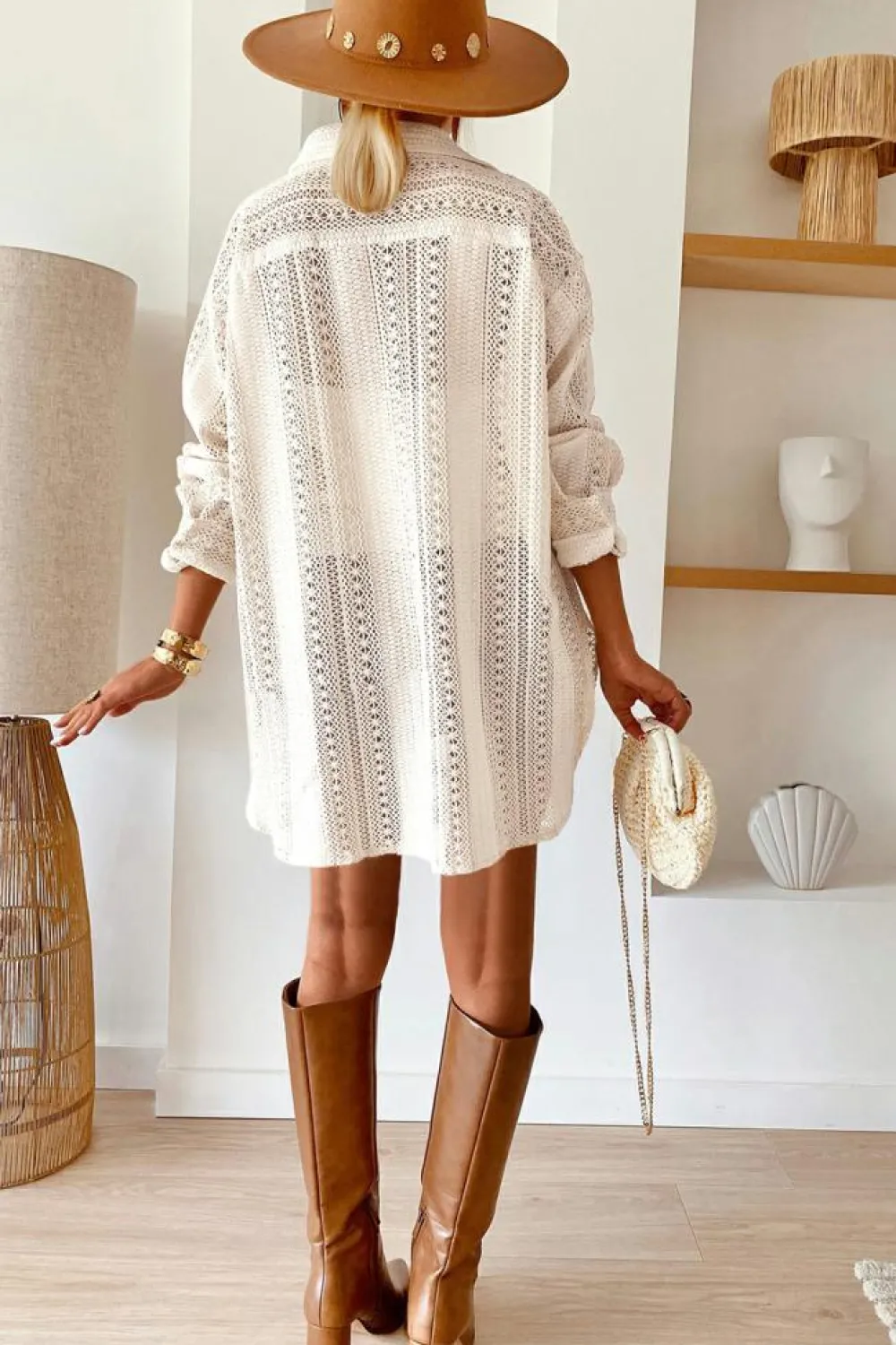 Clearance Dear-Lover Lace Crochet Collared Tunic Oversized Shirt Beige
