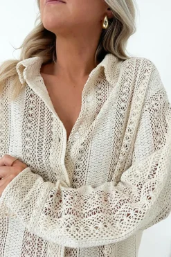 Clearance Dear-Lover Lace Crochet Collared Tunic Oversized Shirt Beige