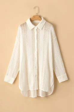 Clearance Dear-Lover Lace Crochet Collared Tunic Oversized Shirt Beige