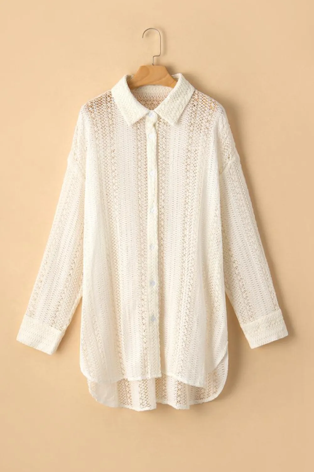 Clearance Dear-Lover Lace Crochet Collared Tunic Oversized Shirt Beige