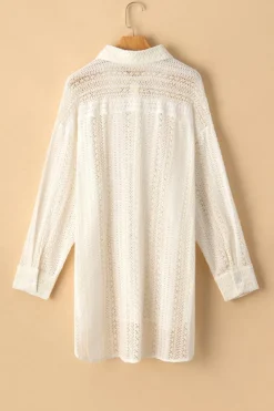 Clearance Dear-Lover Lace Crochet Collared Tunic Oversized Shirt Beige