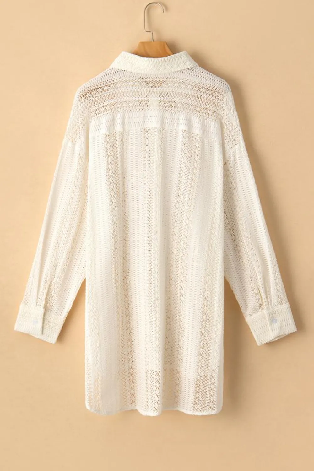 Clearance Dear-Lover Lace Crochet Collared Tunic Oversized Shirt Beige