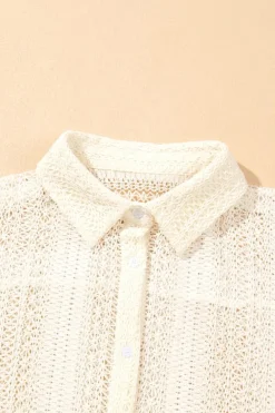 Clearance Dear-Lover Lace Crochet Collared Tunic Oversized Shirt Beige