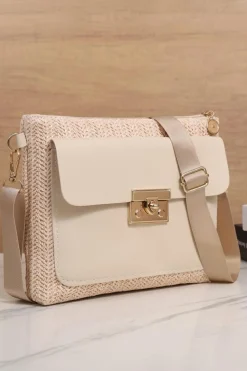 Online Dear-Lover Leather Pocket Patchwork Straw Woven Shoulder Bag Beige
