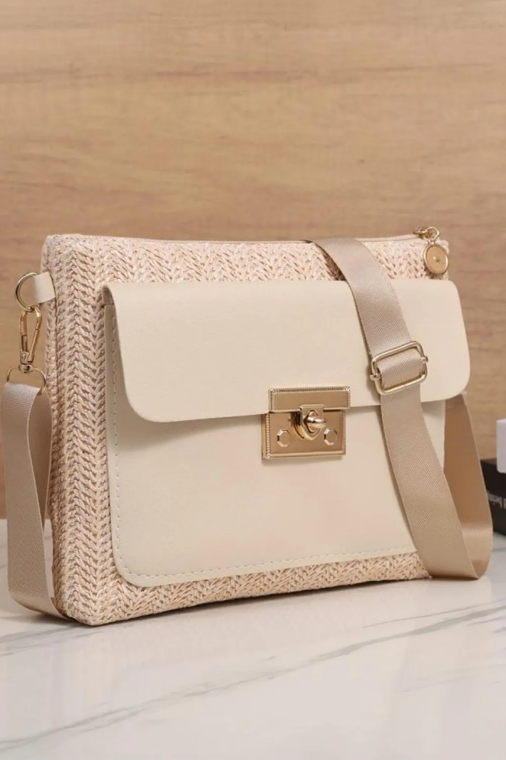 Online Dear-Lover Leather Pocket Patchwork Straw Woven Shoulder Bag Beige