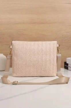 Online Dear-Lover Leather Pocket Patchwork Straw Woven Shoulder Bag Beige