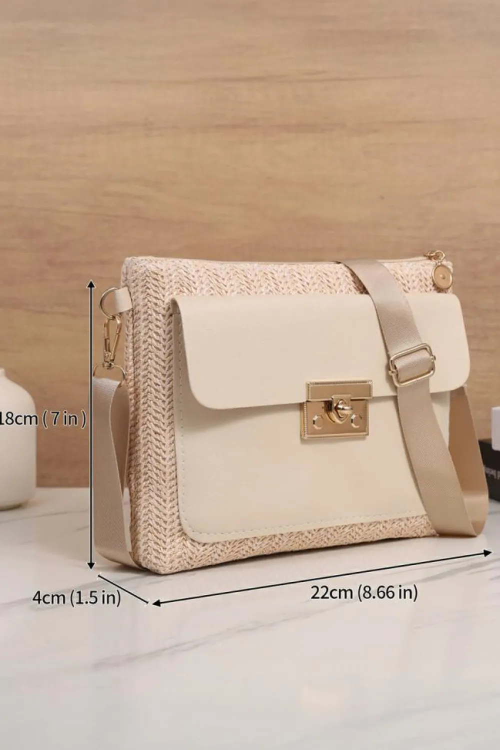 Online Dear-Lover Leather Pocket Patchwork Straw Woven Shoulder Bag Beige