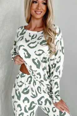 Sale Dear-Lover Leopard Animal Print Long Sleeve and Pants Loungewear Set Beige