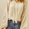 Fashion Dear-Lover Leopard Mesh Bubble Sleeve Split Neck Blouse Beige