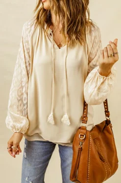 Fashion Dear-Lover Leopard Mesh Bubble Sleeve Split Neck Blouse Beige
