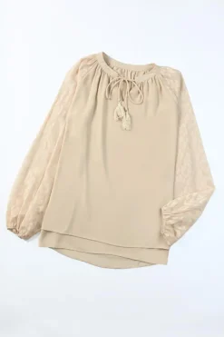 Fashion Dear-Lover Leopard Mesh Bubble Sleeve Split Neck Blouse Beige