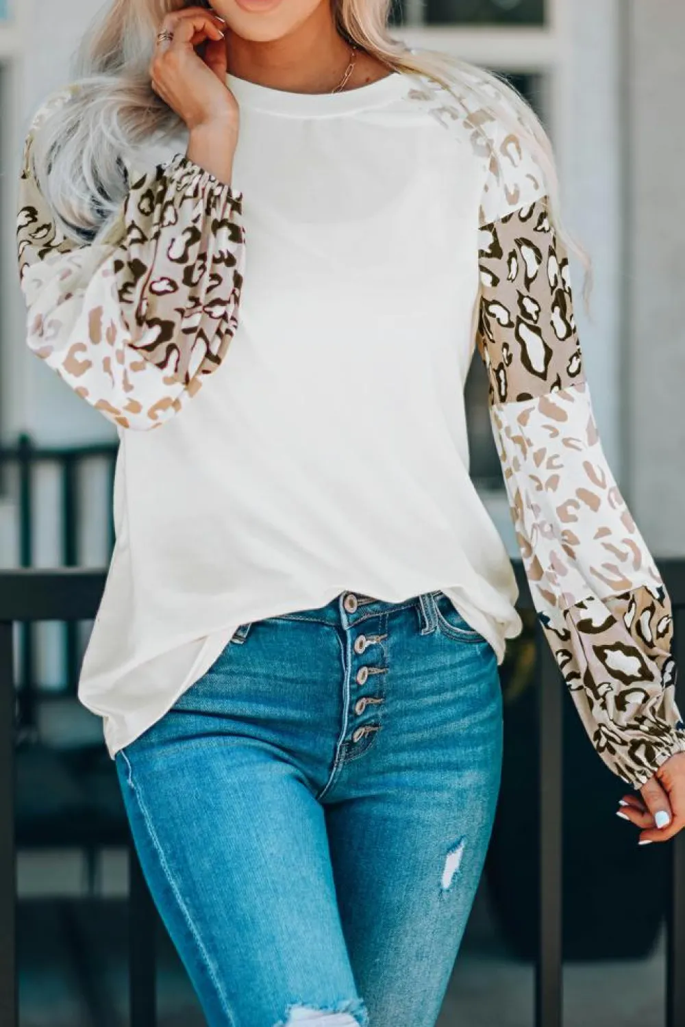Sale Dear-Lover Leopard Print Bubble Sleeve Top Beige