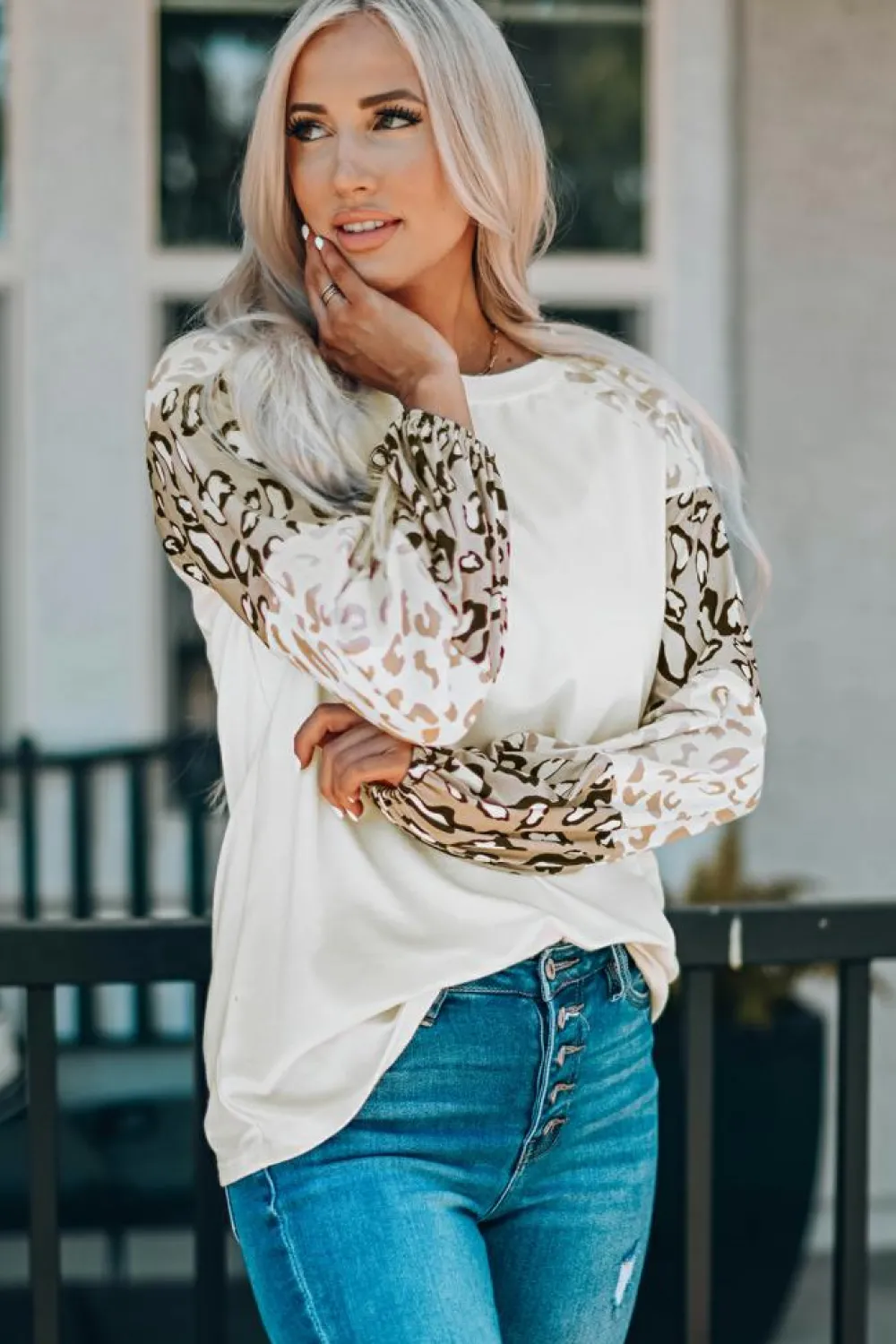 Sale Dear-Lover Leopard Print Bubble Sleeve Top Beige