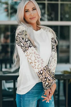 Sale Dear-Lover Leopard Print Bubble Sleeve Top Beige