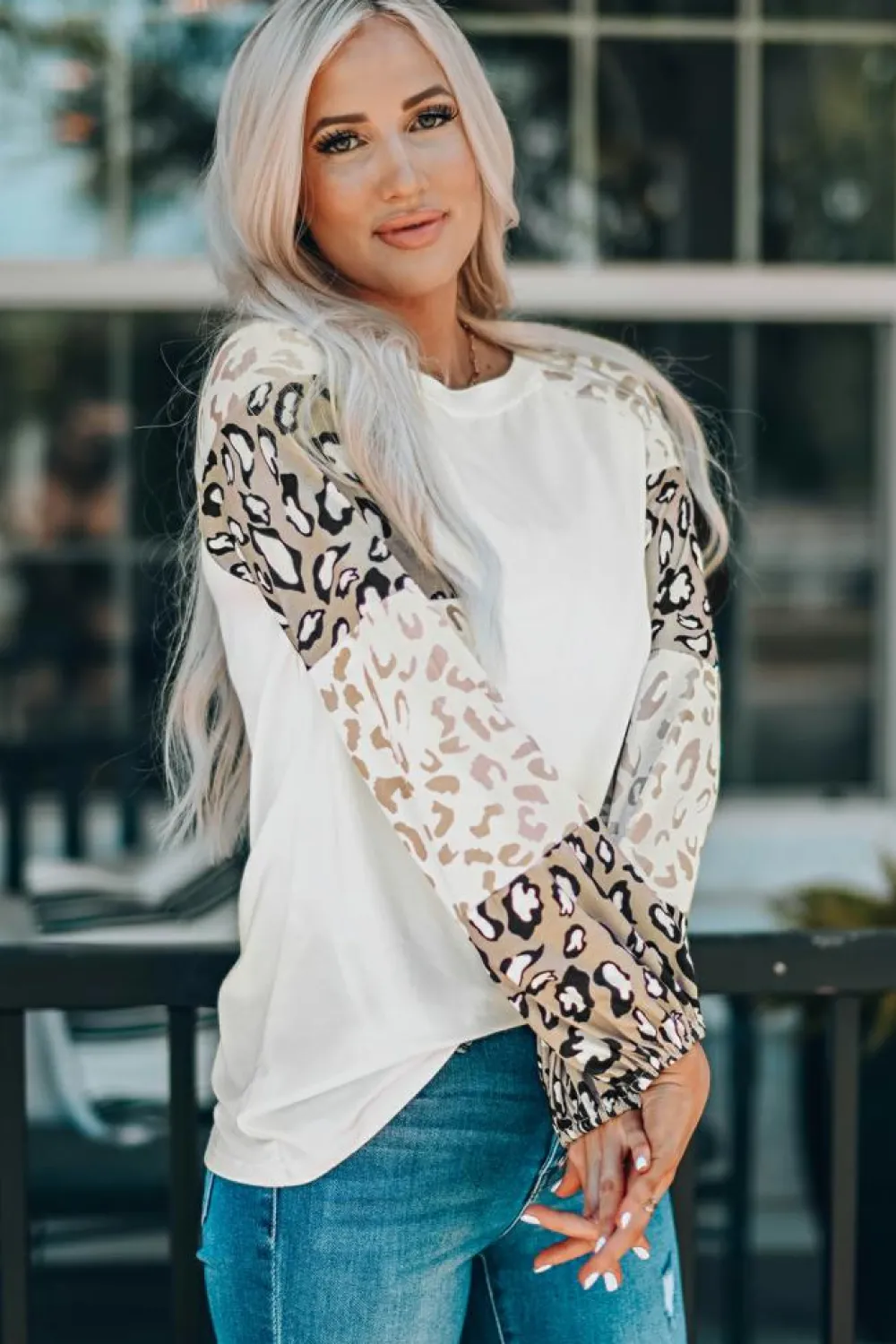 Sale Dear-Lover Leopard Print Bubble Sleeve Top Beige