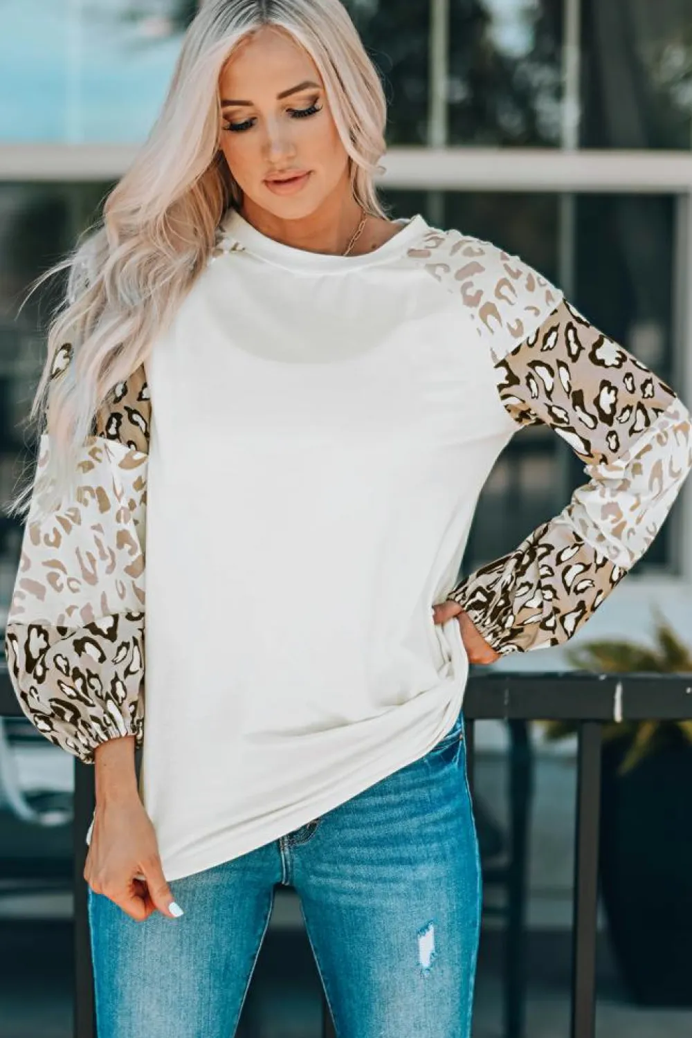 Sale Dear-Lover Leopard Print Bubble Sleeve Top Beige