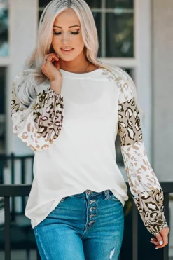 Sale Dear-Lover Leopard Print Bubble Sleeve Top Beige