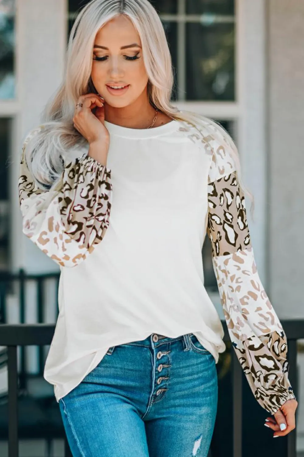 Sale Dear-Lover Leopard Print Bubble Sleeve Top Beige