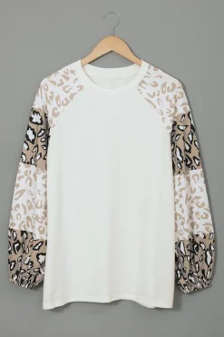 Sale Dear-Lover Leopard Print Bubble Sleeve Top Beige