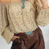 New Dear-Lover Leopard Velvet Burnout Off Shoulder Long Sleeve Blouse Beige