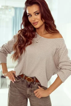 Hot Dear-Lover Lettuce Cuffs Drop Shoulder Loose Ribbed Knit Top Beige