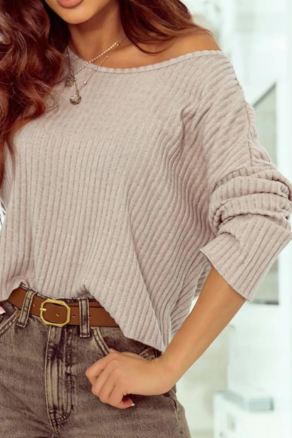 Hot Dear-Lover Lettuce Cuffs Drop Shoulder Loose Ribbed Knit Top Beige