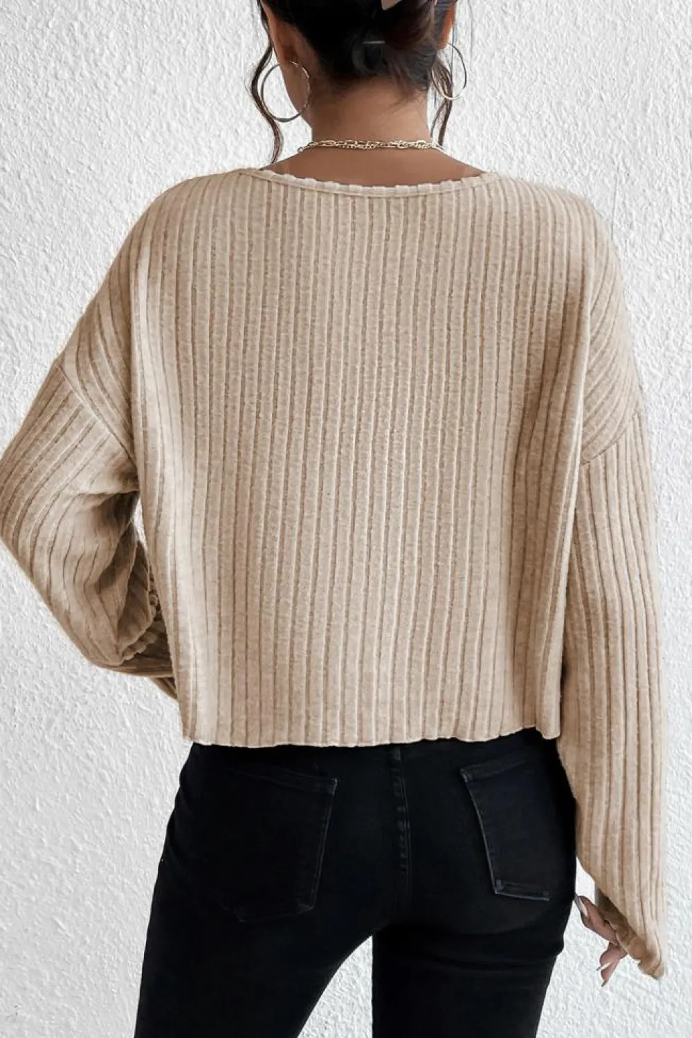 Hot Dear-Lover Lettuce Cuffs Drop Shoulder Loose Ribbed Knit Top Beige