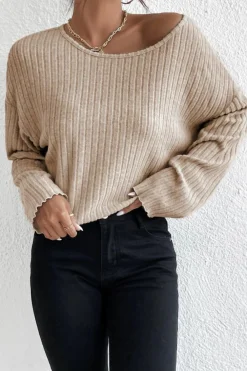 Hot Dear-Lover Lettuce Cuffs Drop Shoulder Loose Ribbed Knit Top Beige