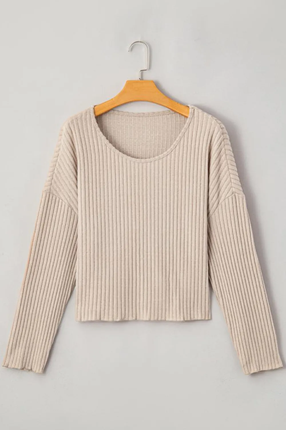 Hot Dear-Lover Lettuce Cuffs Drop Shoulder Loose Ribbed Knit Top Beige