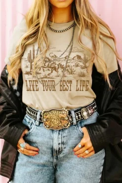 Clearance Dear-Lover LIVE YOUR BEST LIFE Crew Neck Western Graphic Tee Beige