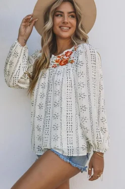 New Dear-Lover Long Sleeve Embroidered Print Blouse Beige
