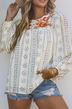 New Dear-Lover Long Sleeve Embroidered Print Blouse Beige