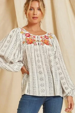 New Dear-Lover Long Sleeve Embroidered Print Blouse Beige