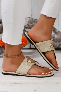 Online Dear-Lover Metal Decor Leather Thong Slippers Beige