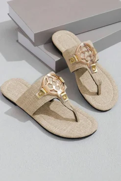 Online Dear-Lover Metal Decor Leather Thong Slippers Beige