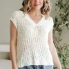 Fashion Dear-Lover Notched V Neck Short Sleeve Sweater Beige