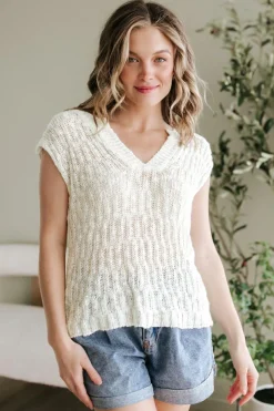 Fashion Dear-Lover Notched V Neck Short Sleeve Sweater Beige