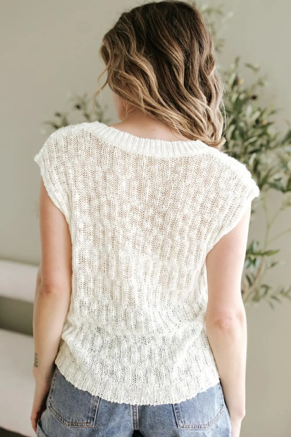 Fashion Dear-Lover Notched V Neck Short Sleeve Sweater Beige