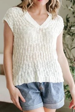 Fashion Dear-Lover Notched V Neck Short Sleeve Sweater Beige