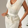 Outlet Dear-Lover Open Knit Drawstring Waist Beach Dress Beige