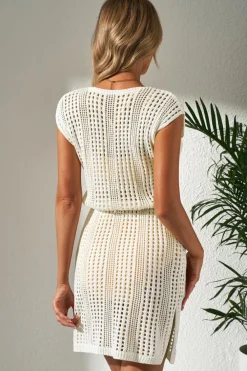 Outlet Dear-Lover Open Knit Drawstring Waist Beach Dress Beige