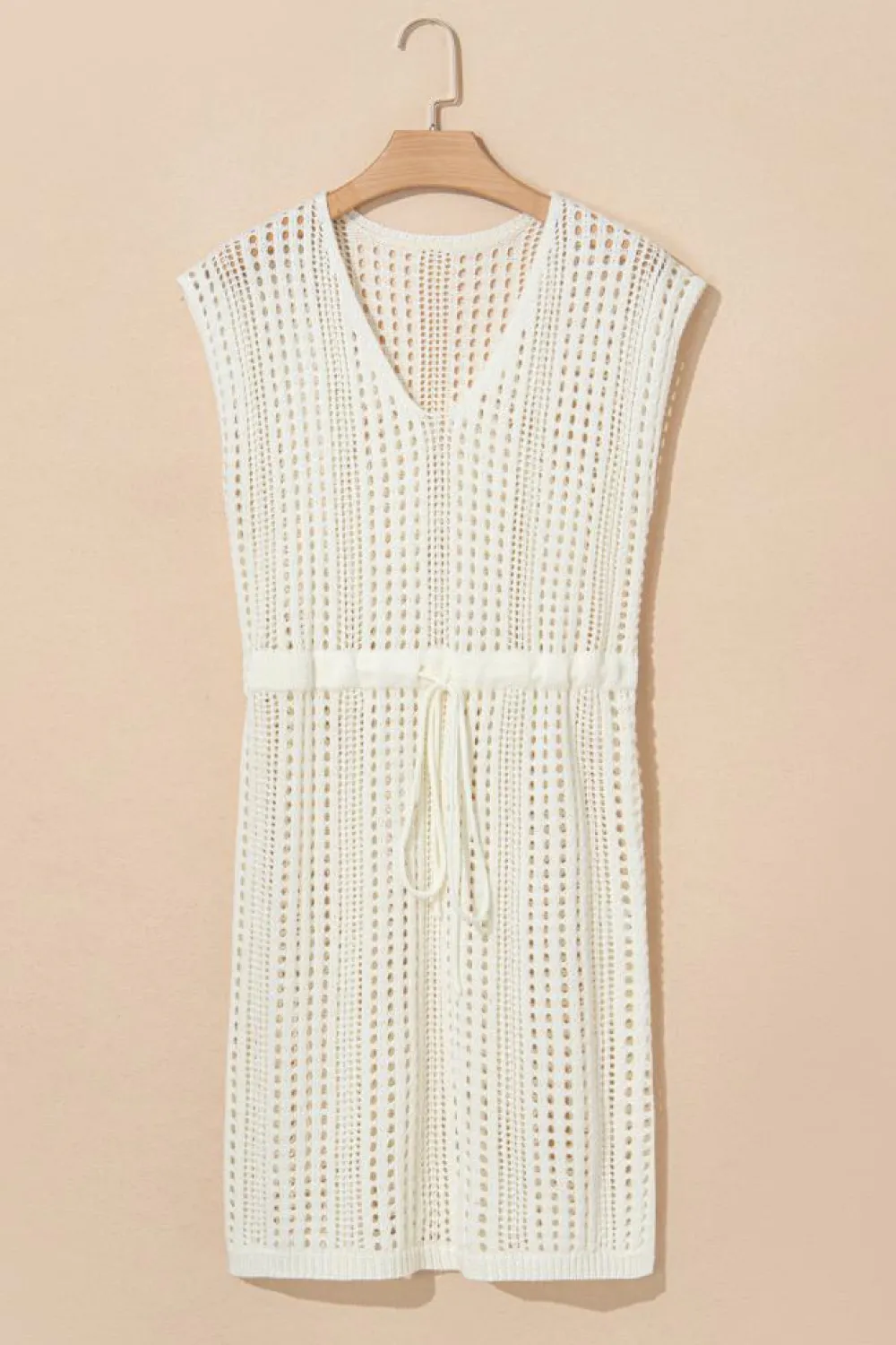 Outlet Dear-Lover Open Knit Drawstring Waist Beach Dress Beige